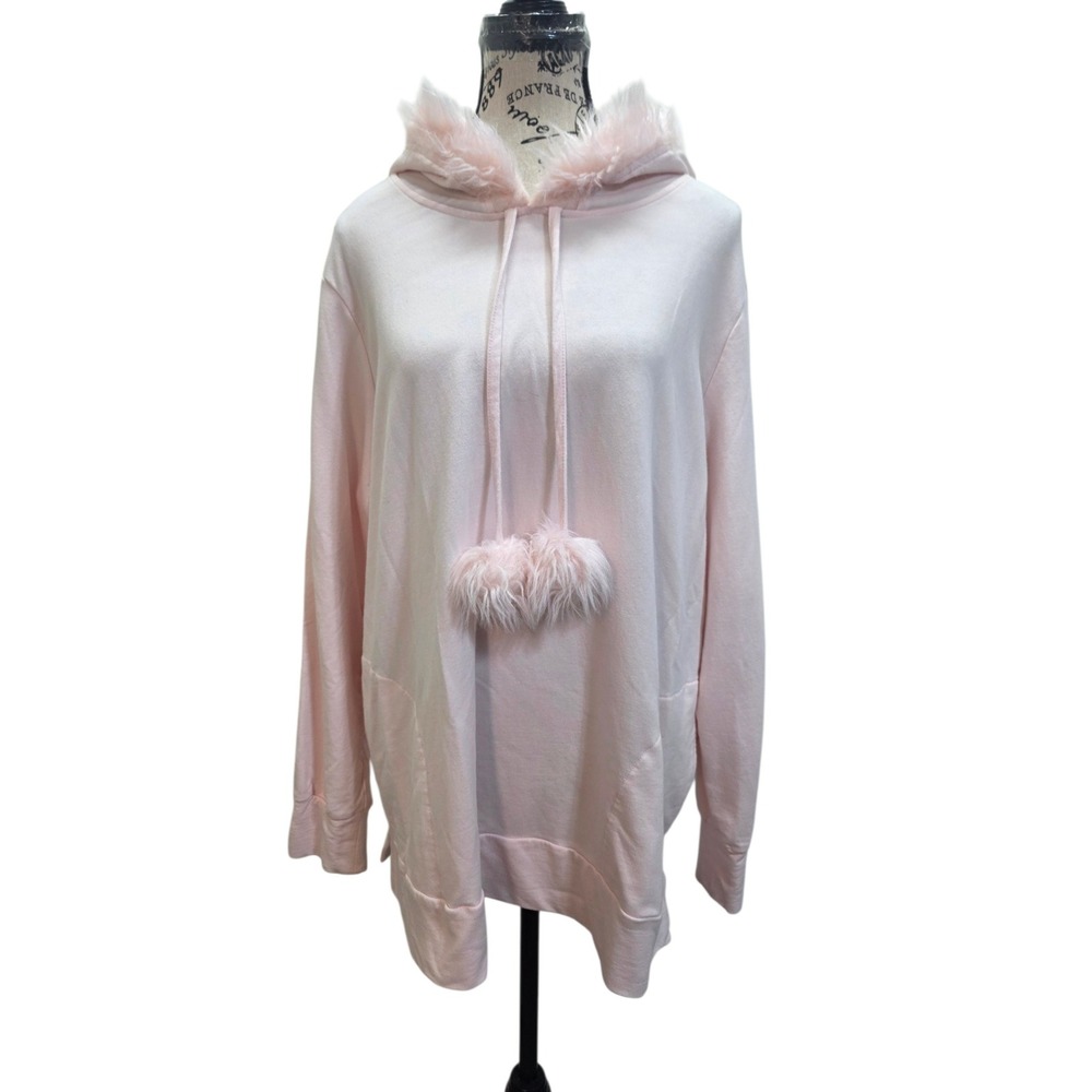 Belle by Kim Gravel Hoodie Sweatshirt 1X Pink Faux Fur Trim Hood Pompom Cozy Y2K